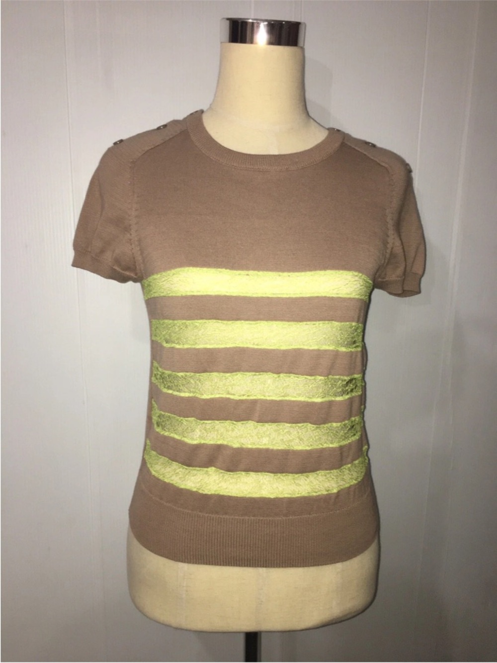 Carven Beige Short-Sleeve Sweater with Lime Stripes cotton Sz.xs new 390$